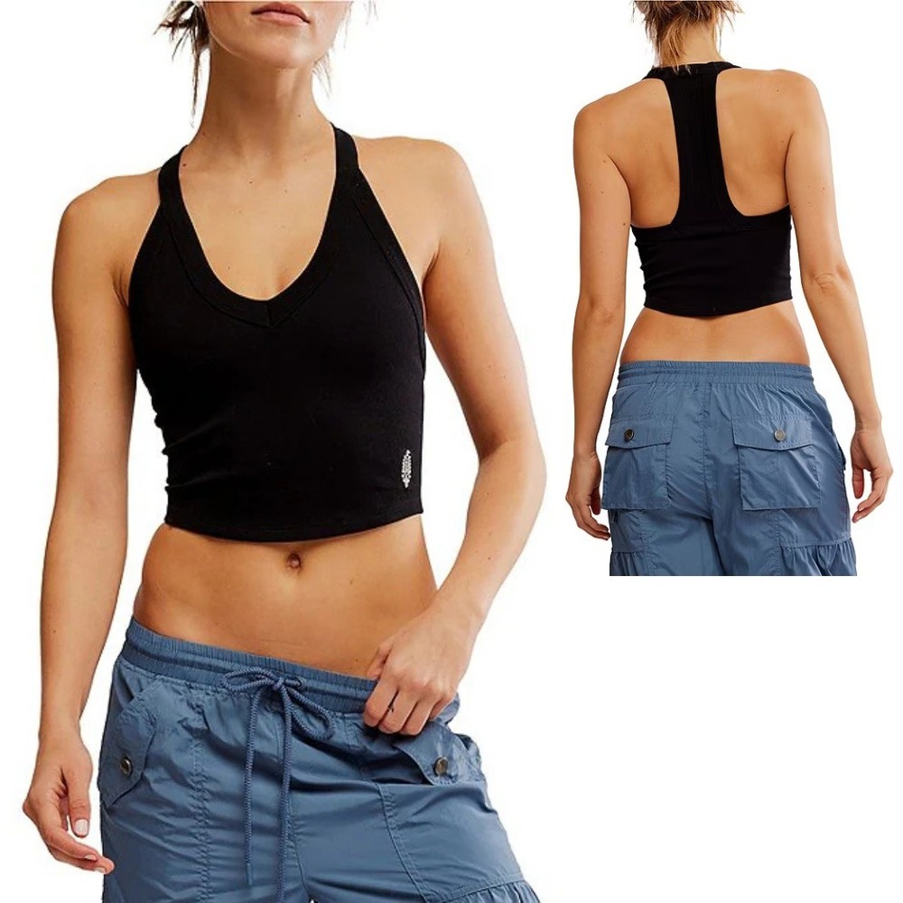 Free People FP Movement Womens All Clear V-Neck Cami M/L Black Cropped Racerback